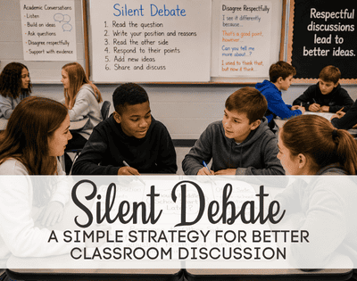 Middle school students working in groups on a silent debate activity to practice academic conversation and responding to opposing viewpoints.