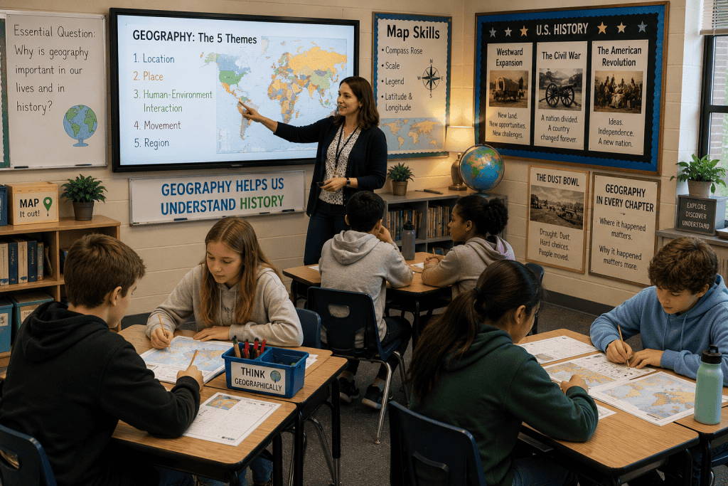 Geography in middle school classroom with students working in small groups while a teacher leads a lesson using maps and U.S. history connections.