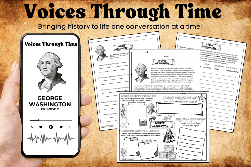Voices through time example of worksheets included in the resource.