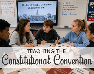 Constitutional Convention activities for middle school with students discussing U.S. government in class.